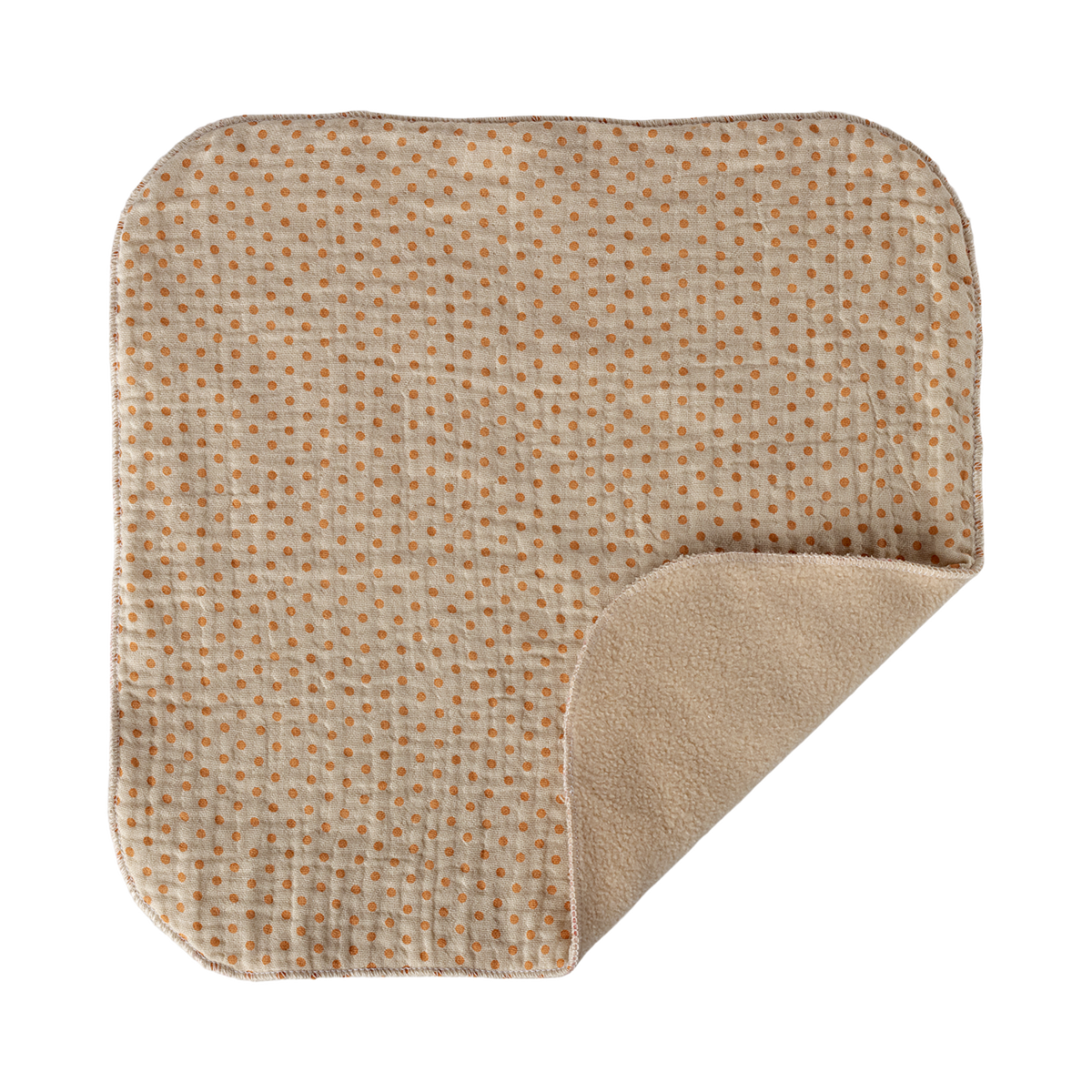 A soft, square baby blanket with rounded corners, featuring an orange polka dot pattern on a beige background. One corner is folded to reveal a plain beige underside.