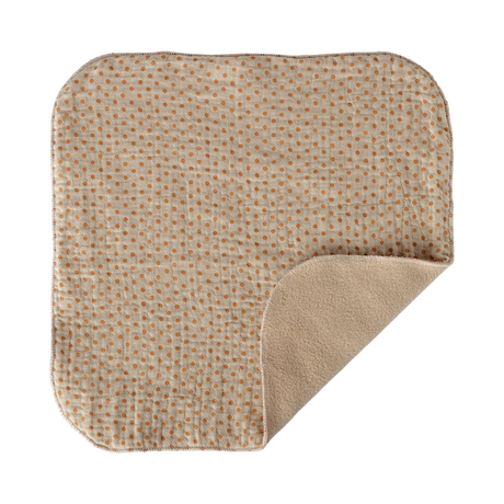 A soft, square baby blanket with rounded corners, featuring an orange polka dot pattern on a beige background. One corner is folded to reveal a plain beige underside.