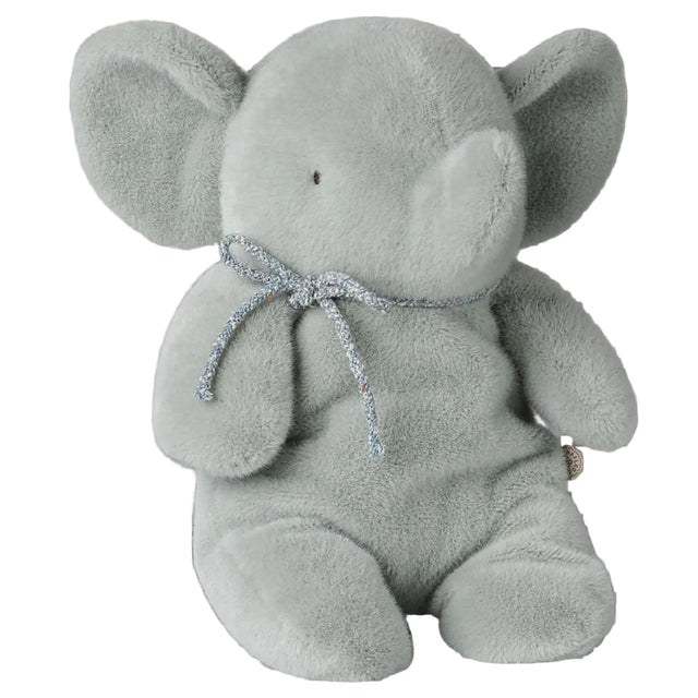 Maileg medium elephant plush toy in soft mint with a patterned ribbon bow.