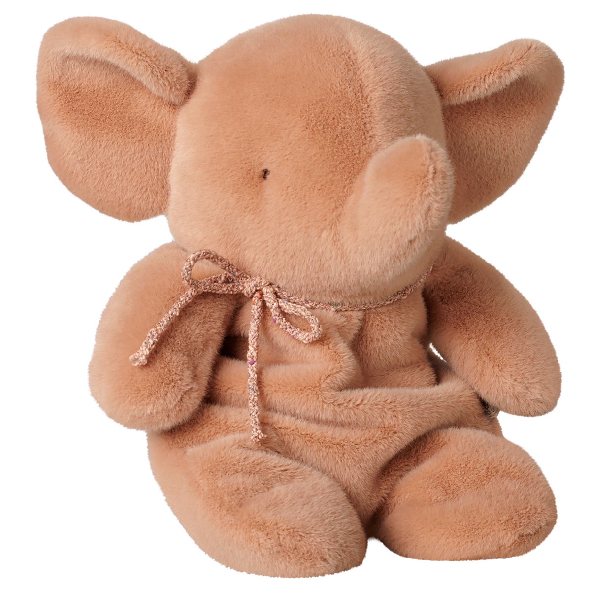 Maileg medium elephant plush toy in vintage rose with a woven string bow.