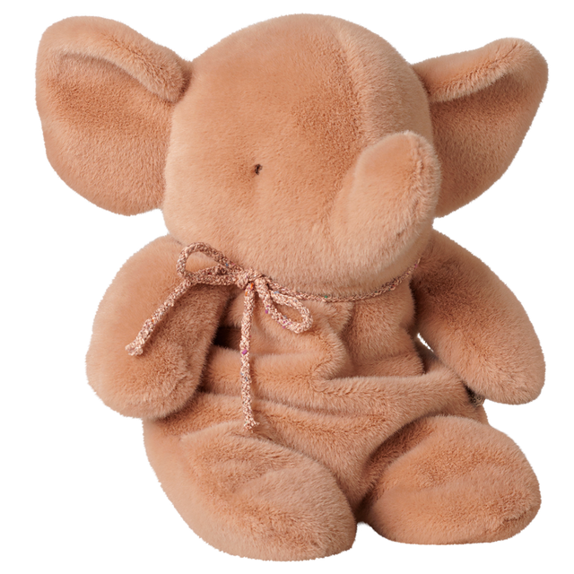 Maileg medium elephant plush toy in vintage rose with a woven string bow.