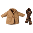 Maileg medium mouse clothing set featuring a brown winter jacket with a toggle button and a plaid scarf.