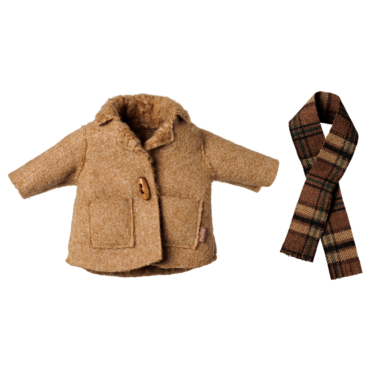 Maileg medium mouse clothing set featuring a brown winter jacket with a toggle button and a plaid scarf.