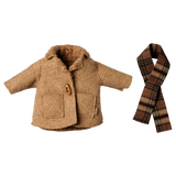 Maileg medium mouse clothing set featuring a brown winter jacket with a toggle button and a plaid scarf.