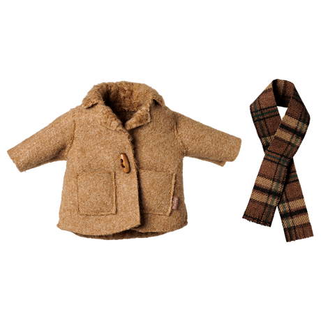 Maileg medium mouse clothing set featuring a brown winter jacket with a toggle button and a plaid scarf.