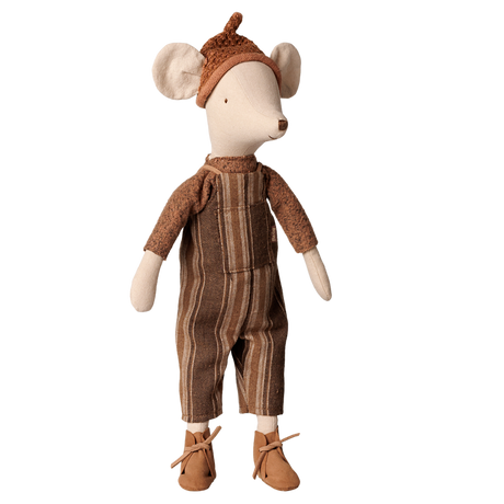 Maileg medium mouse doll wearing brown striped overalls, a cozy sweater, matching hat, and boots.