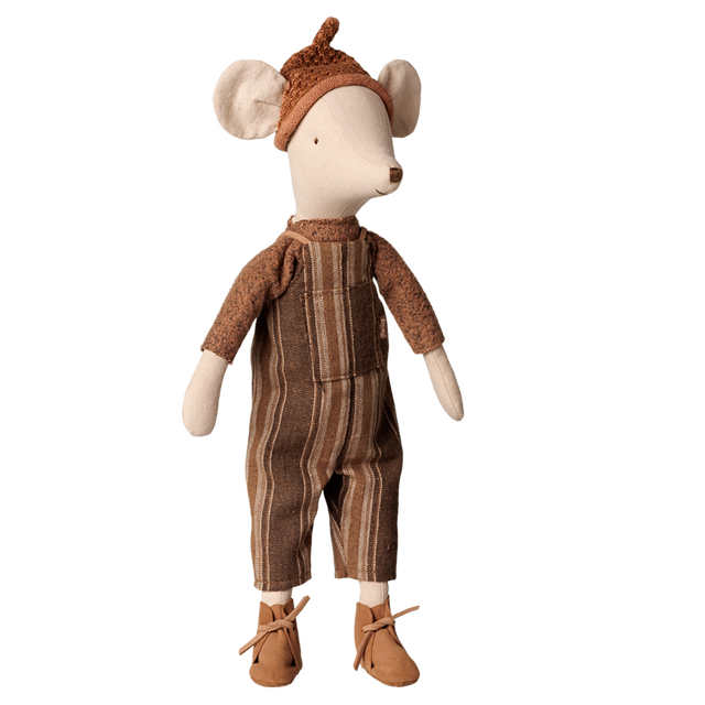 Maileg medium mouse doll wearing brown striped overalls, a cozy sweater, matching hat, and boots.