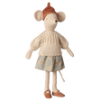 Maileg Medium Mouse doll wearing a beige knitted sweater, floral skirt, knit hat, and shoes.