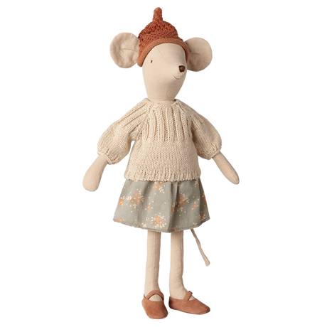 Maileg Medium Mouse doll wearing a beige knitted sweater, floral skirt, knit hat, and shoes.