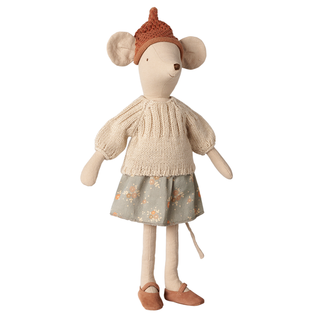 Maileg Medium Mouse doll wearing a beige knitted sweater, floral skirt, knit hat, and shoes.
