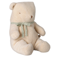 Maileg medium teddy bear plush in off-white with green ribbon bow.
