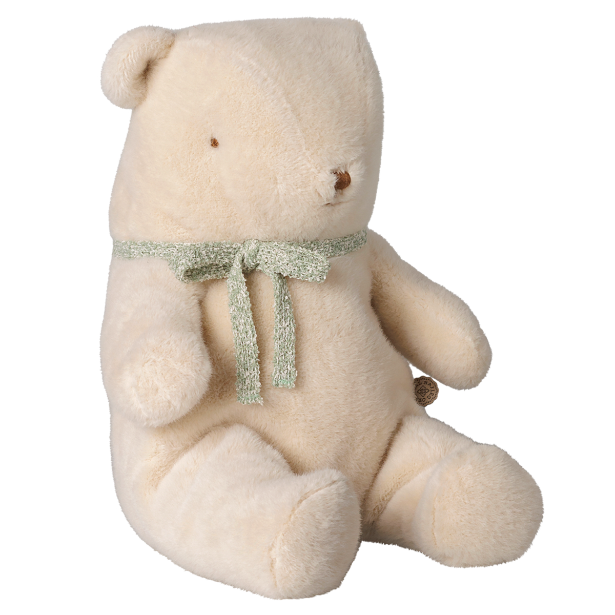 Maileg medium teddy bear plush in off-white with green ribbon bow.