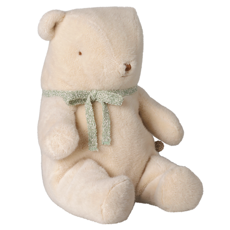 Maileg medium teddy bear plush in off-white with green ribbon bow.