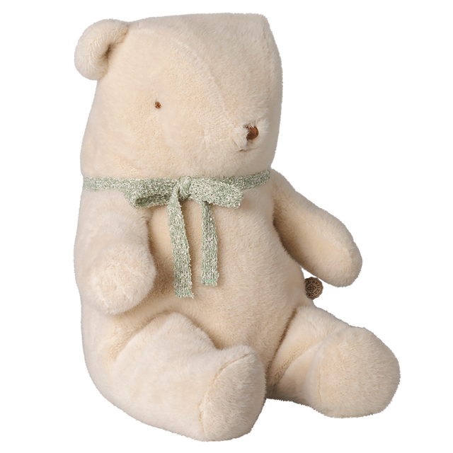 Maileg medium teddy bear plush in off-white with green ribbon bow.