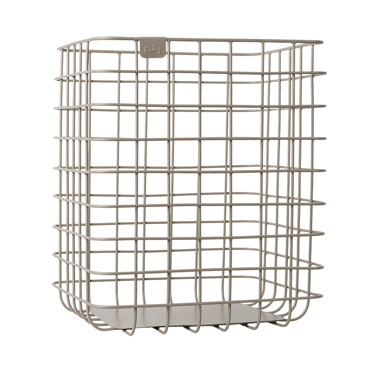 Decorative metal baskets in varying sizes for Maileg toys; one large gray, one medium rose, two small ocher and grey in white background.