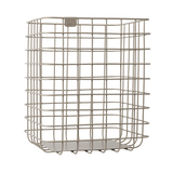 Decorative metal baskets in varying sizes for Maileg toys; one large gray, one medium rose, two small ocher and grey in white background.