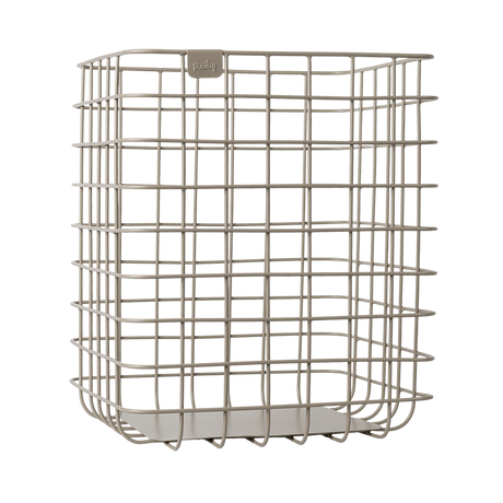 Decorative metal baskets in varying sizes for Maileg toys; one large gray, one medium rose, two small ocher and grey in white background.