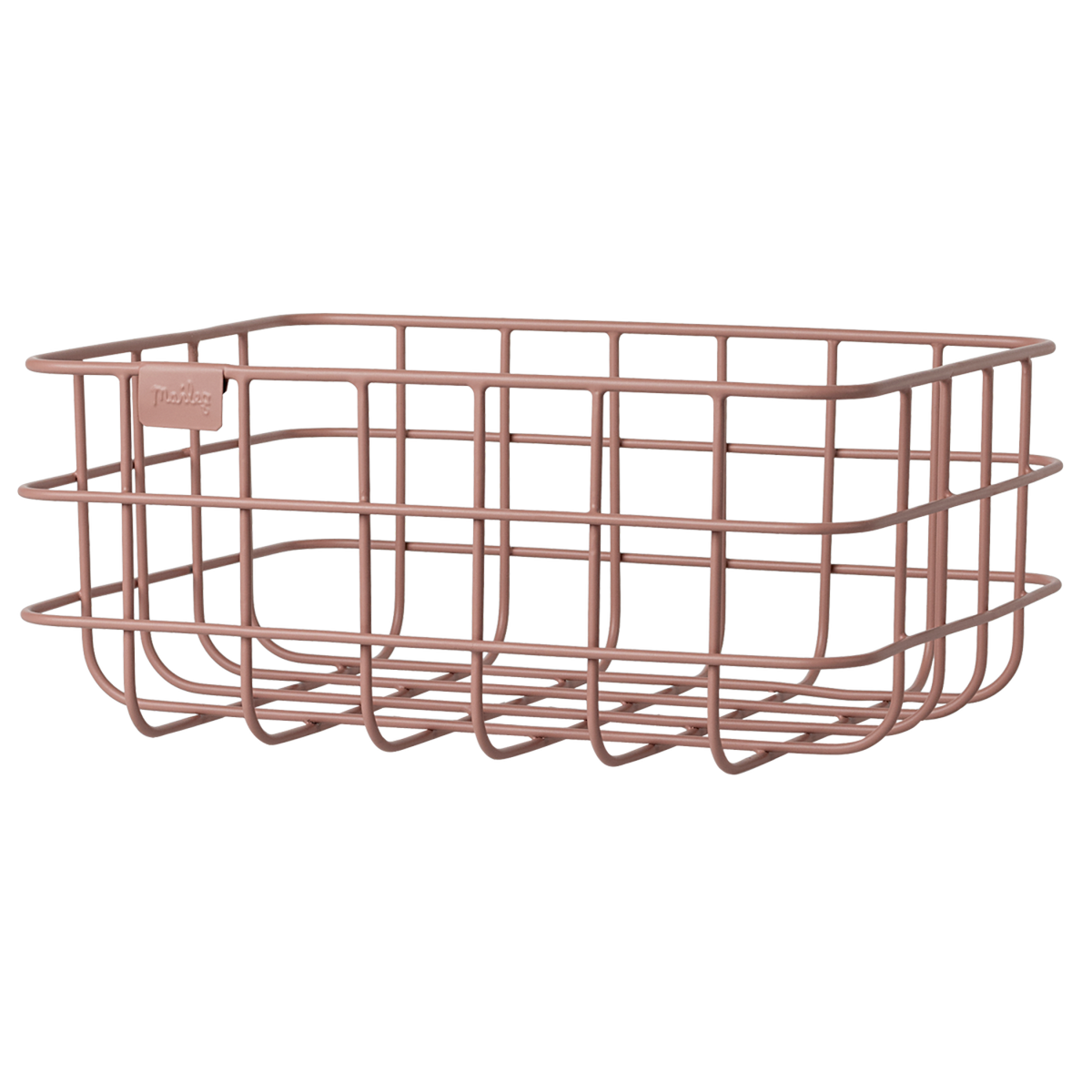 Decorative metal baskets in varying sizes for Maileg toys; one large gray, one medium rose, two small ocher and grey in white background.