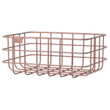 Decorative metal baskets in varying sizes for Maileg toys; one large gray, one medium rose, two small ocher and grey in white background.