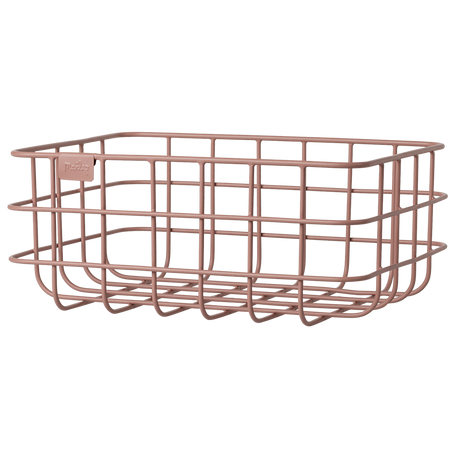Decorative metal baskets in varying sizes for Maileg toys; one large gray, one medium rose, two small ocher and grey in white background.
