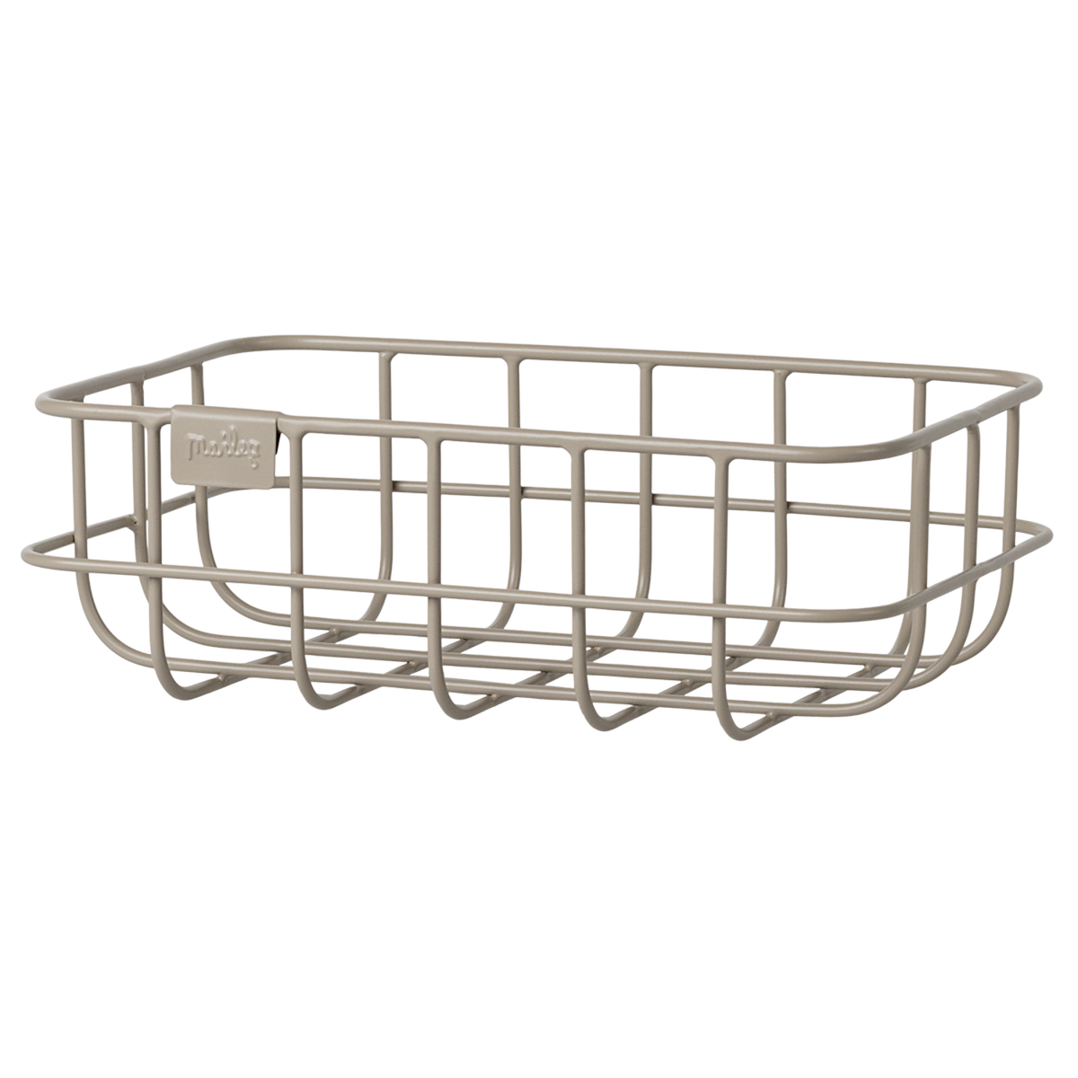 Decorative metal baskets in varying sizes for Maileg toys; one large gray, one medium rose, two small ocher and grey in white background.