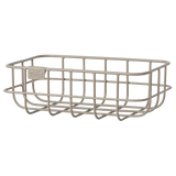 Decorative metal baskets in varying sizes for Maileg toys; one large gray, one medium rose, two small ocher and grey in white background.
