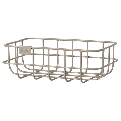 Decorative metal baskets in varying sizes for Maileg toys; one large gray, one medium rose, two small ocher and grey in white background.
