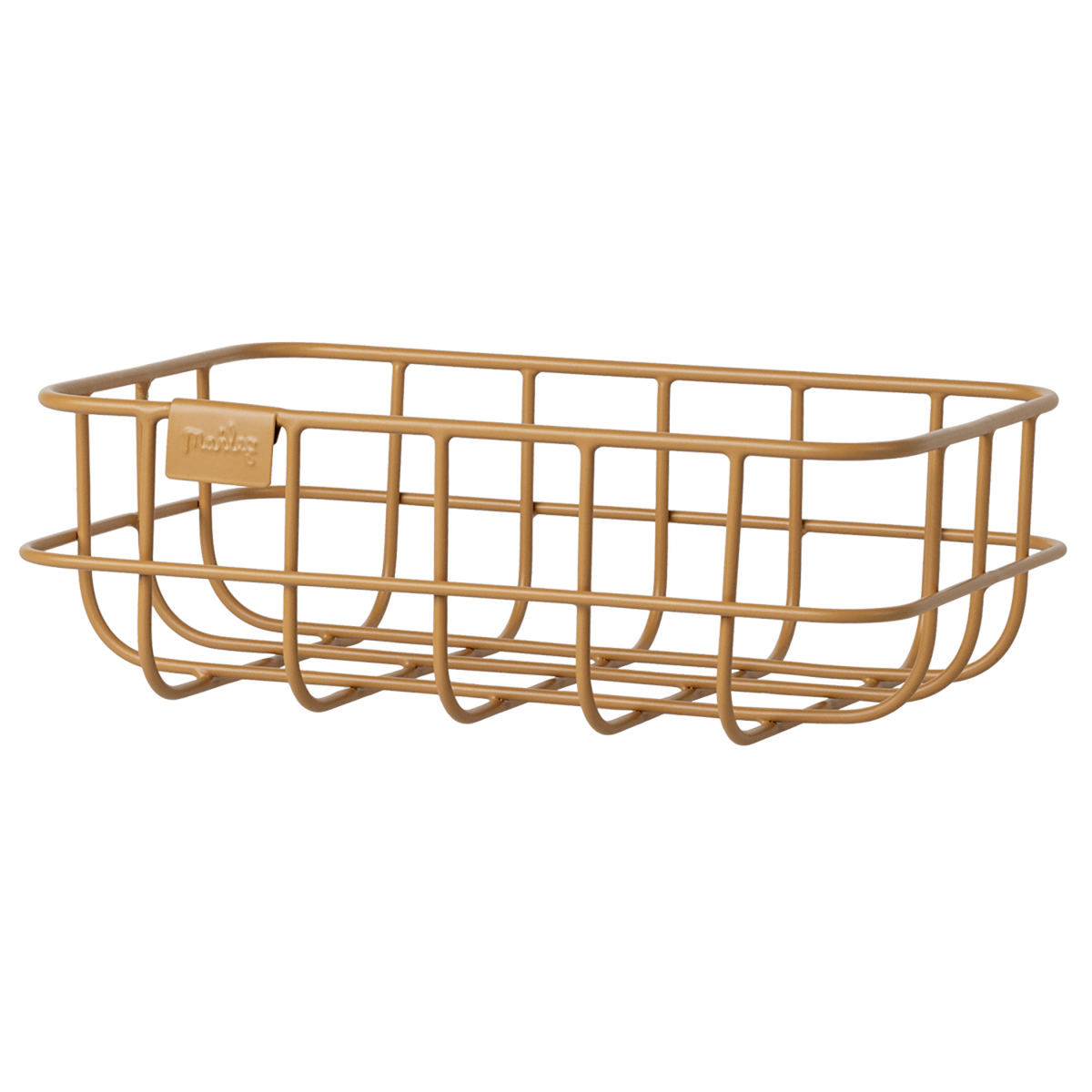 Decorative metal baskets in varying sizes for Maileg toys; one large gray, one medium rose, two small ocher and grey in white background.