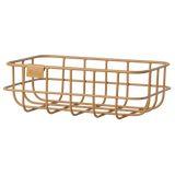 Decorative metal baskets in varying sizes for Maileg toys; one large gray, one medium rose, two small ocher and grey in white background.