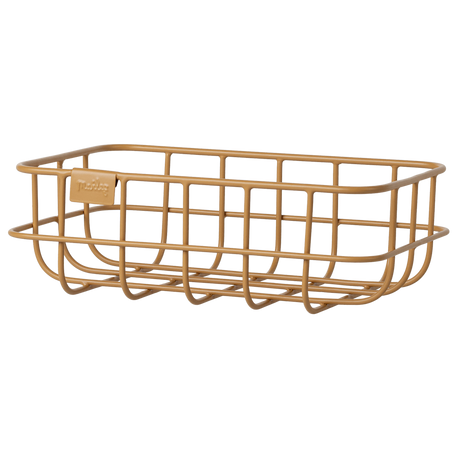 Decorative metal baskets in varying sizes for Maileg toys; one large gray, one medium rose, two small ocher and grey in white background.