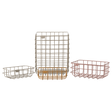 Decorative metal baskets in varying sizes for Maileg toys; one large gray, one medium rose, two small ocher and grey in white background.