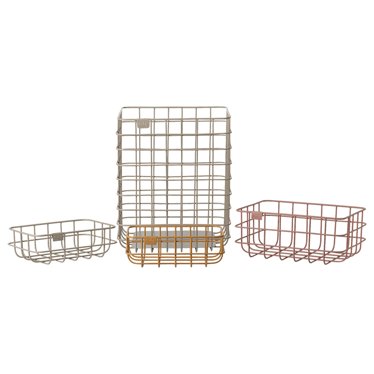 Decorative metal baskets in varying sizes for Maileg toys; one large gray, one medium rose, two small ocher and grey in white background.