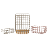Decorative metal baskets in varying sizes for Maileg toys; one large gray, one medium rose, two small ocher and grey in white background.