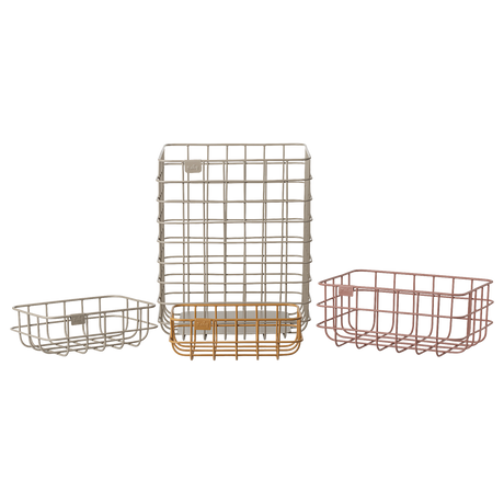 Decorative metal baskets in varying sizes for Maileg toys; one large gray, one medium rose, two small ocher and grey in white background.