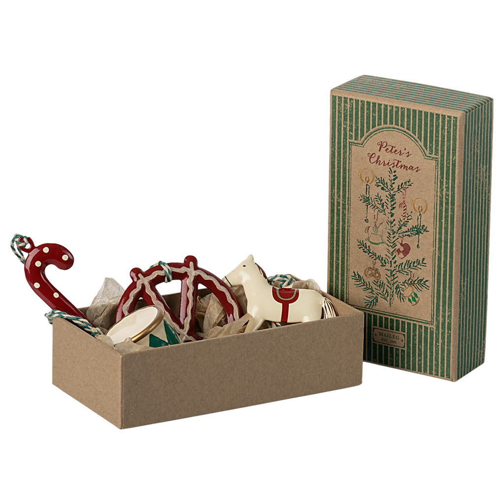 Christmas ornament set with vintage-style decorations in an open box, with matching decorative box featuring festive design. Perfect for holiday decor.