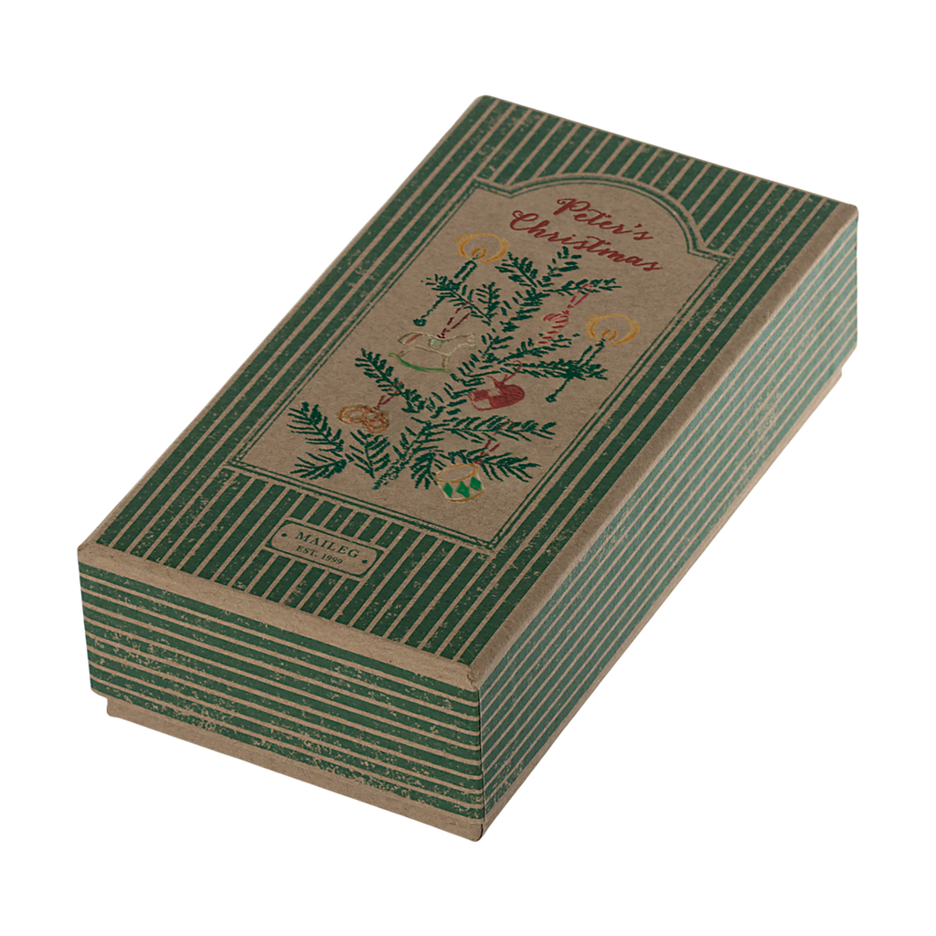Vintage box with green stripes and floral illustrations, labeled "Petit’s Cheminées". Perfect for collectors or vintage storage.