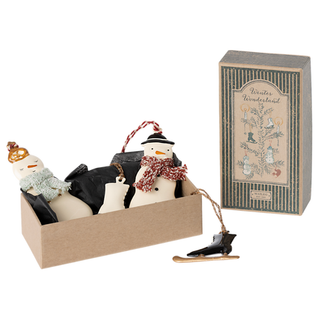 A festive set of snowman ornaments in a box with a vintage design, accompanied by a decorative gift box labeled "Winter Wonderland."