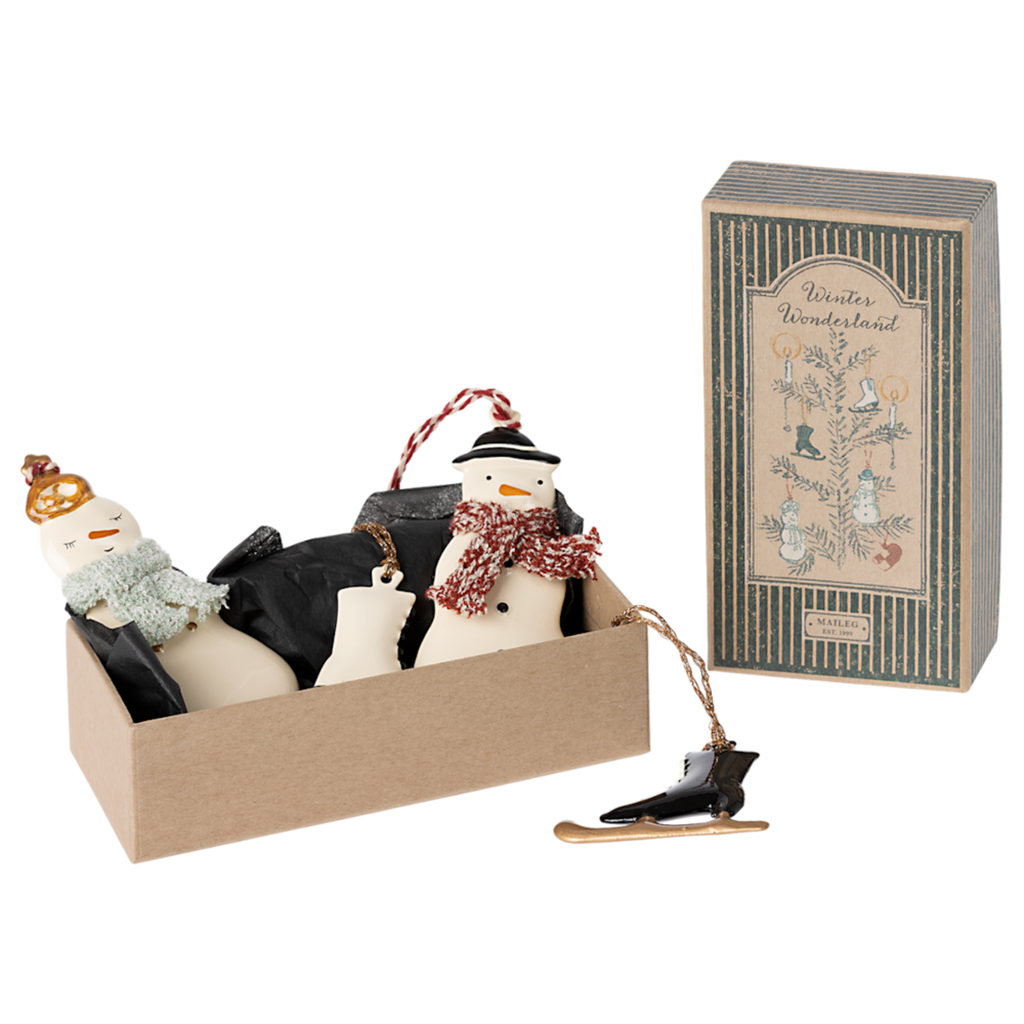 A festive set of snowman ornaments in a box with a vintage design, accompanied by a decorative gift box labeled "Winter Wonderland."
