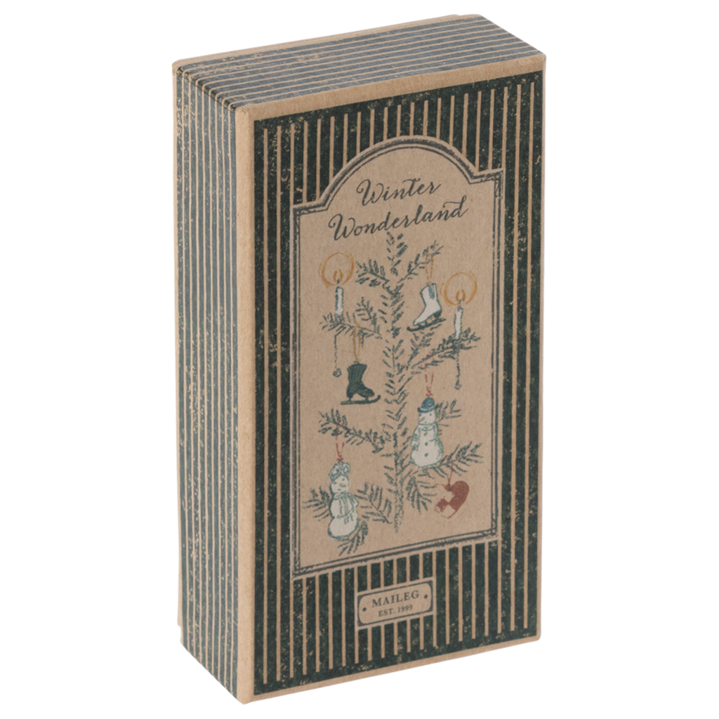 Vintage-style cardboard box titled "Winter Wonderland," decorated with winter motifs like ice skates, candles, snowmen, and pine branches, creating a nostalgic feel.