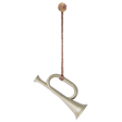 A decorative brass horn pendant hangs from a braided cord, featuring a small metallic button at the top.