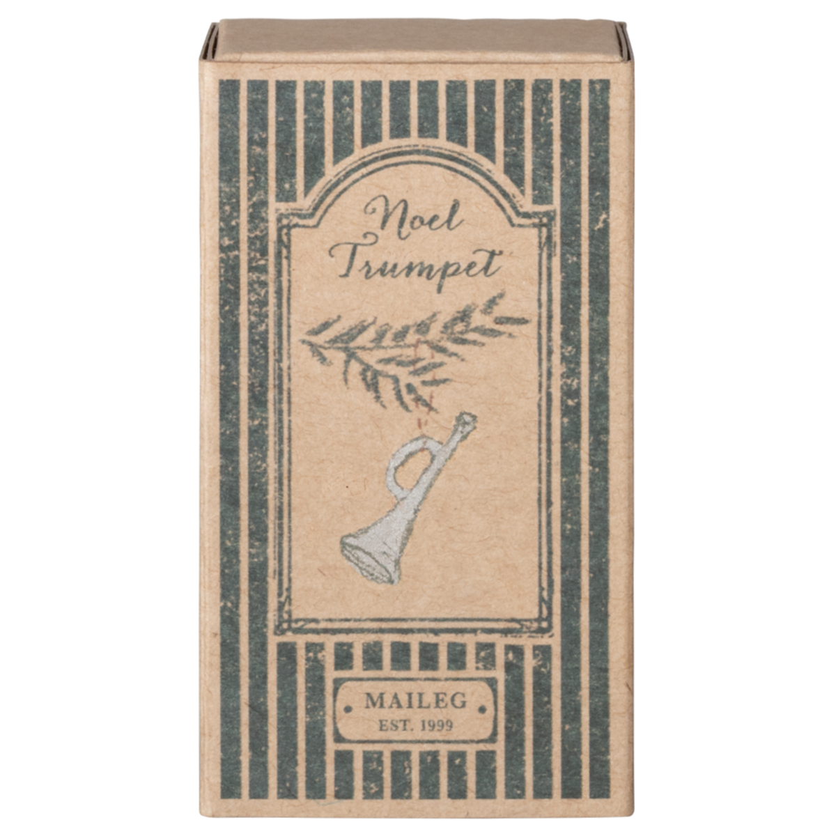 Vintage-style packaging for a "Noel Trumpet" by Maileg, featuring a delicate trumpet illustration and festive greenery.