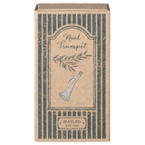 Vintage-style packaging for a "Noel Trumpet" by Maileg, featuring a delicate trumpet illustration and festive greenery.