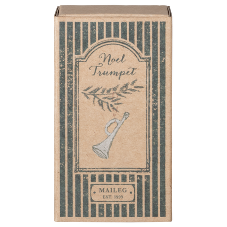 Vintage-style packaging for a "Noel Trumpet" by Maileg, featuring a delicate trumpet illustration and festive greenery.