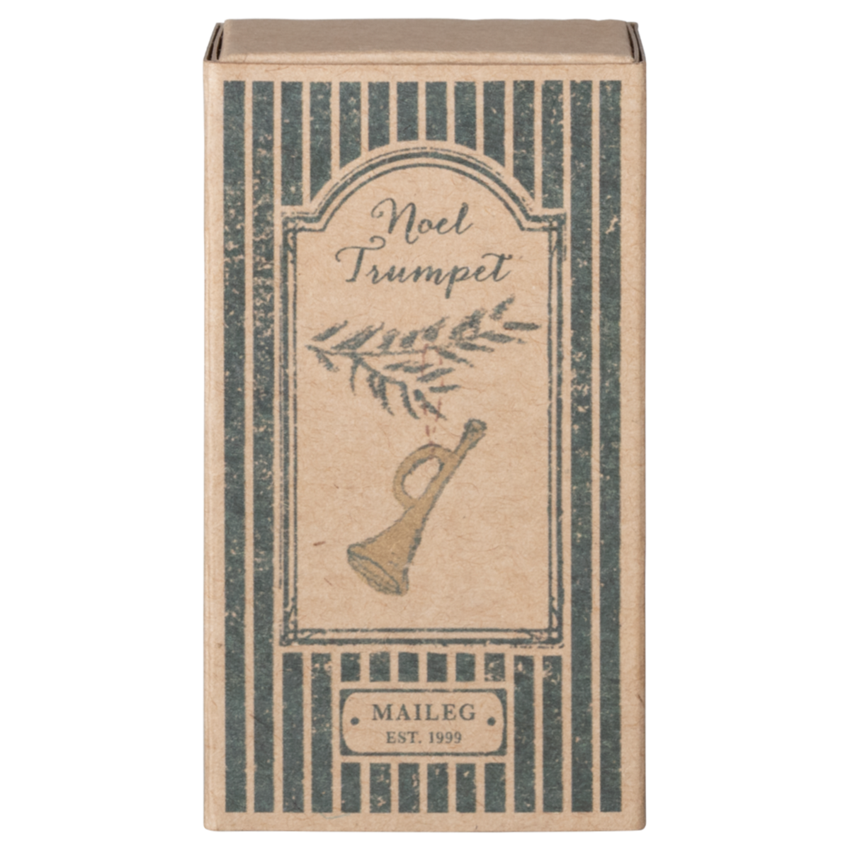 A decorative kraft box featuring a vintage-inspired illustration of a trumpet and greenery, labeled "Noel Trumpet" by Maileg.