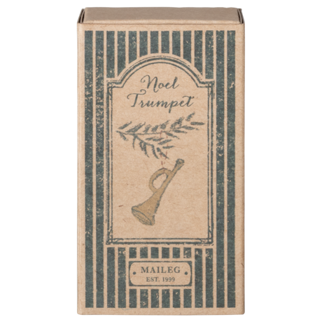 A decorative kraft box featuring a vintage-inspired illustration of a trumpet and greenery, labeled "Noel Trumpet" by Maileg.