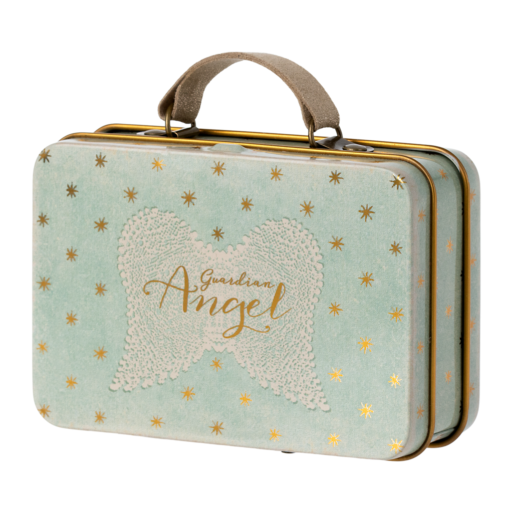Light blue rectangular tin case with golden stars, featuring white angel wings and "Guardian Angel" written in elegant gold script. Warm, celestial theme.