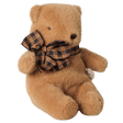 Maileg mini teddy bear plush toy in mushroom brown with a dark plaid ribbon bow.