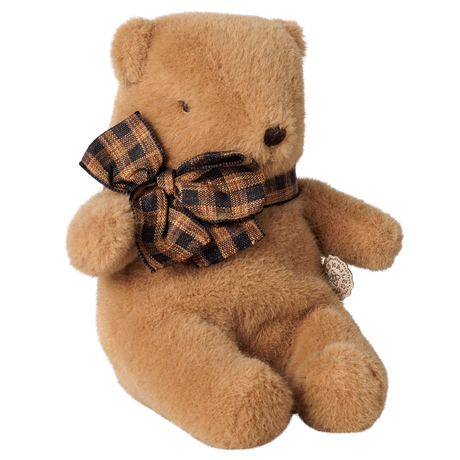 Maileg mini teddy bear plush toy in mushroom brown with a dark plaid ribbon bow.