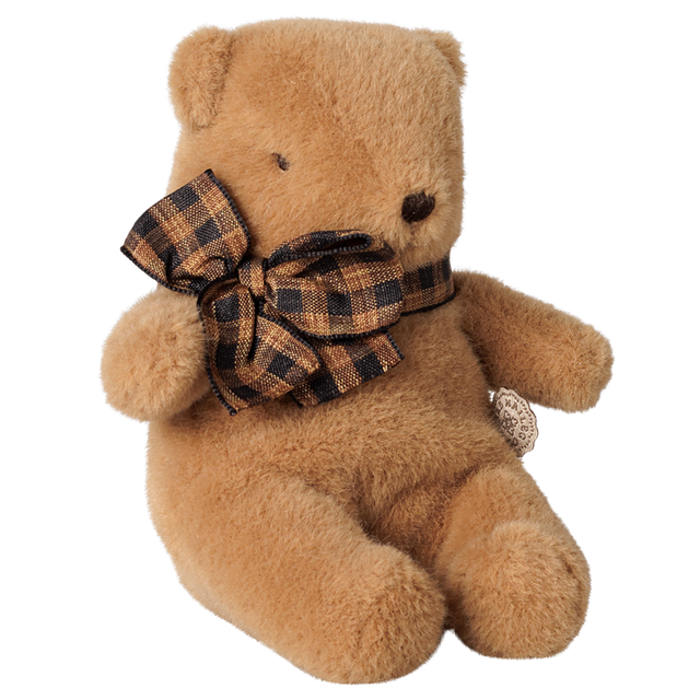 Maileg mini teddy bear plush toy in mushroom brown with a dark plaid ribbon bow.