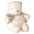 Maileg mini off-white teddy bear plush toy with woven blue ribbon bow.